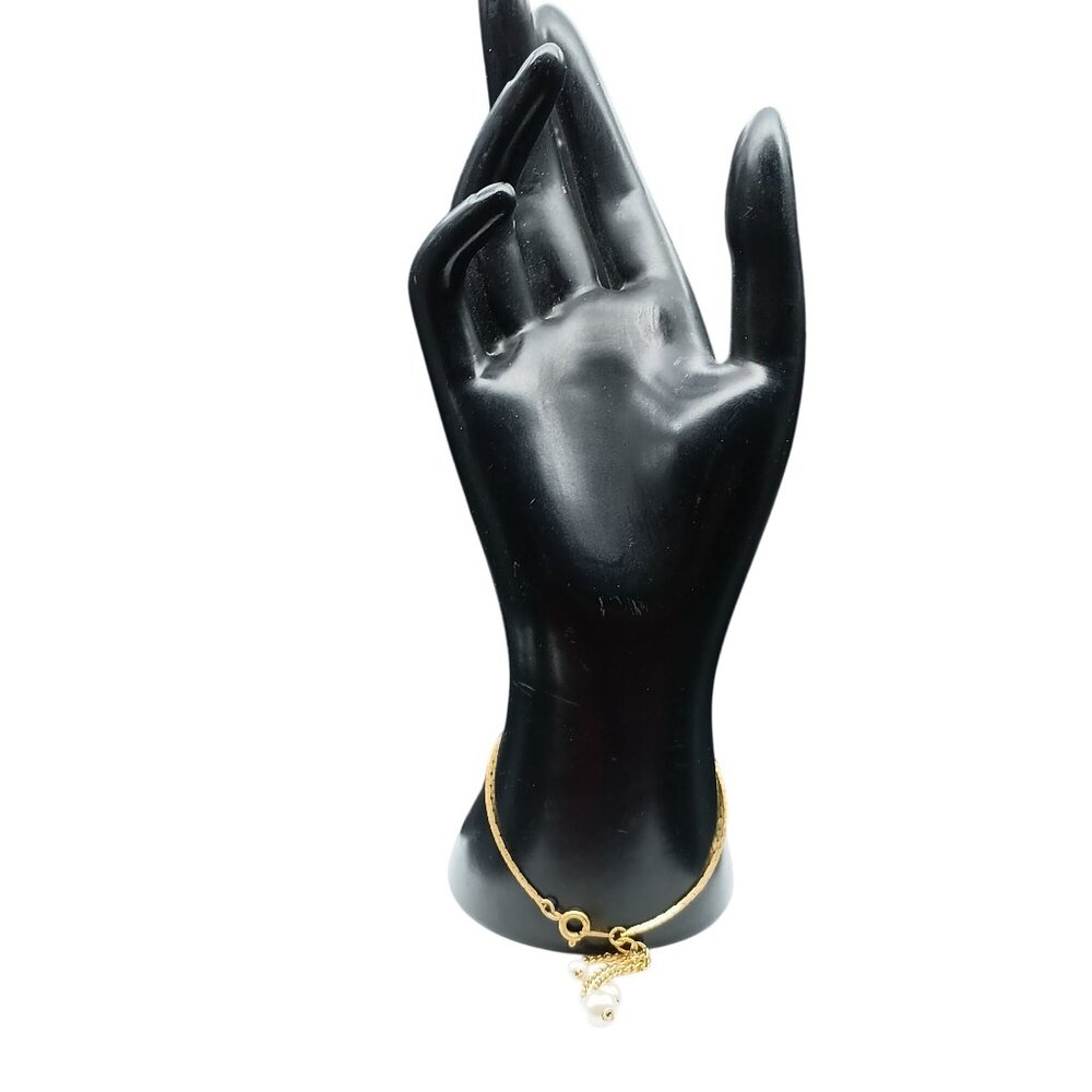 Gold-Plated Chain Bracelet With Dangling Faux Pearl Charms VintageJewelry